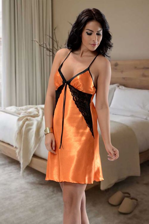 Turuncu Dantelli Saten Gecelik - M-379