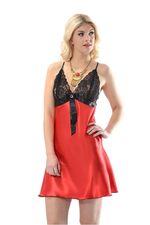 Kırmızı Dantelli Saten Gecelik - M-383