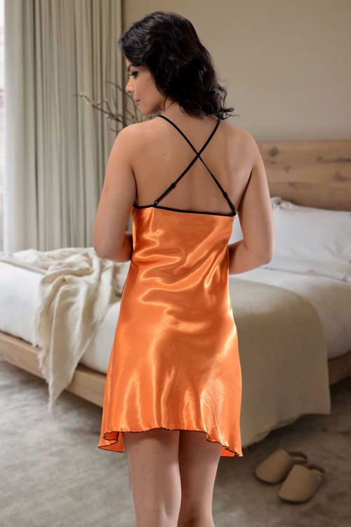 Turuncu Dantelli Saten Gecelik - M-379