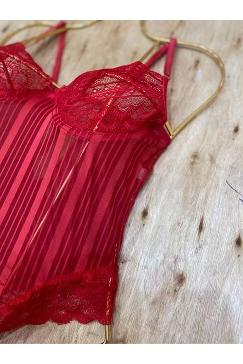 Kırmızı Çizgili Bodysuit - 878