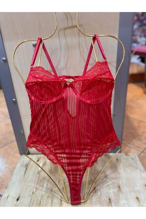 Kırmızı Çizgili Bodysuit - 878