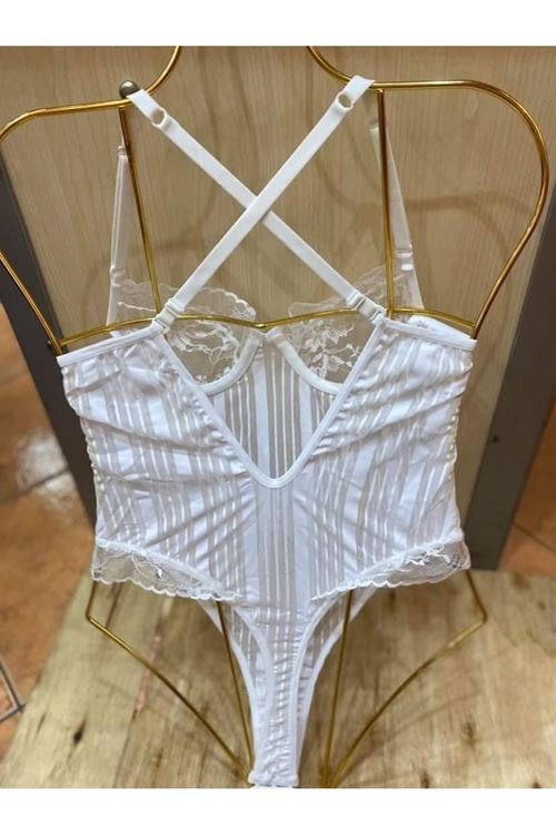 Beyaz Çizgili Bodysuit - 877