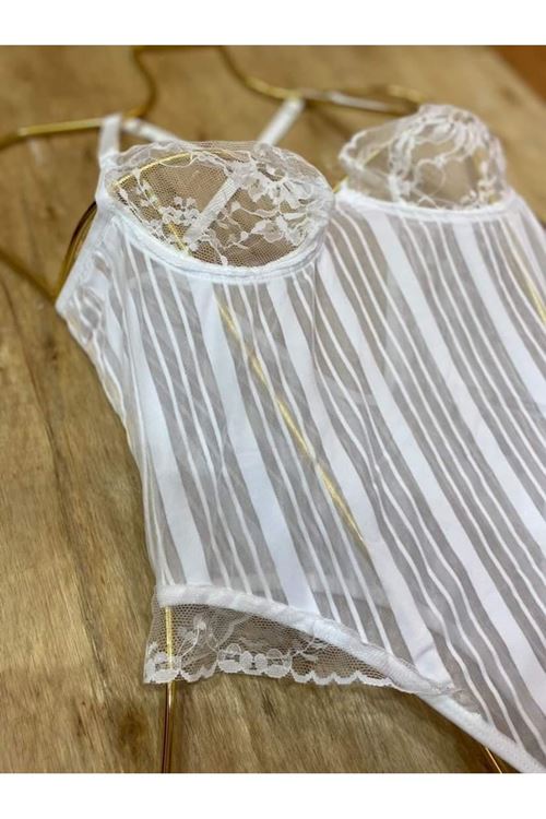 Beyaz Çizgili Bodysuit - 877