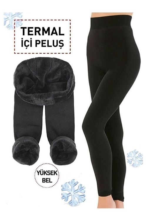 Zaya Kadın Kalın Kışlık Yüksel Bel Içi Polarlı Peluş Çift Dikişli Siyah Termal Tayt