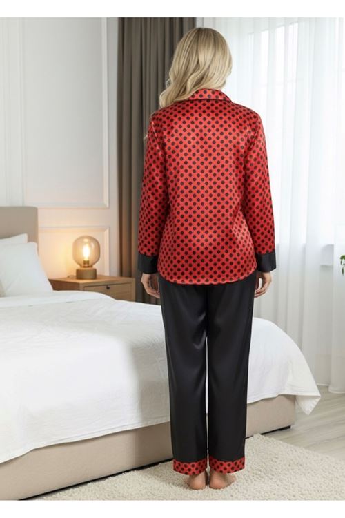 Siyah-Kırmızı Saten Pijama Takımı - 1621