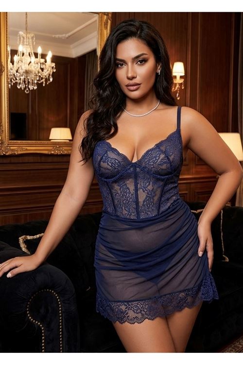 Kadın Lacivert Dantelli Gecelik