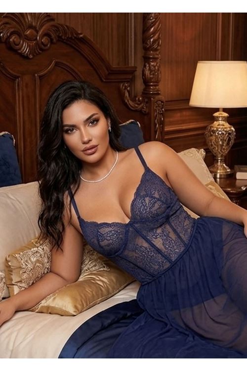 Kadın Lacivert Dantelli Gecelik