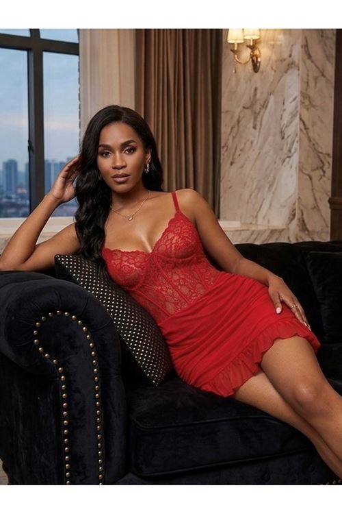 Kadın Kırmızı Dantelli Gecelik