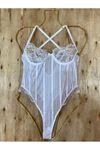 Beyaz Çizgili Bodysuit - 877